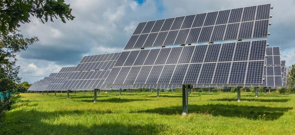 Solar panels on field in Serbia facing sun