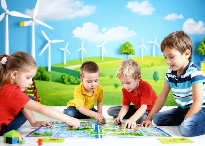 Students engaging in renewable energy-themed educational games, surrounded by depictions of solar panels, wind turbines, and geothermal models, creating a lively learning atmosphere.