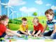 Students engaging in renewable energy-themed educational games, surrounded by depictions of solar panels, wind turbines, and geothermal models, creating a lively learning atmosphere.