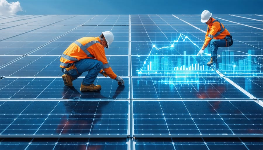 Solar installation team working on large-scale project with overlaid performance statistics