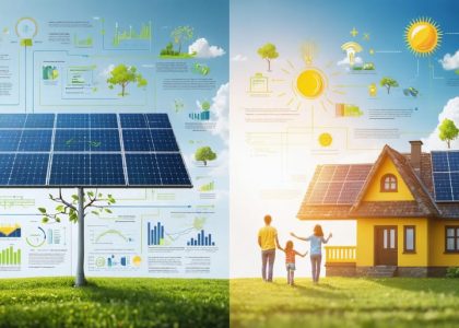 Split-screen image illustrating technical solar panel data on one side and a simplified depiction of a family benefiting from renewable energy on the other, showcasing the impact of clean energy solutions.