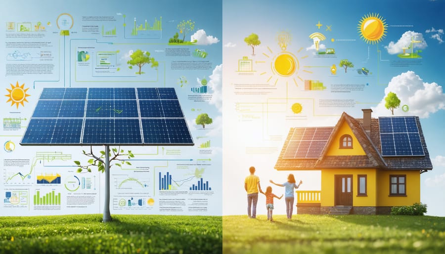 Split-screen image illustrating technical solar panel data on one side and a simplified depiction of a family benefiting from renewable energy on the other, showcasing the impact of clean energy solutions.