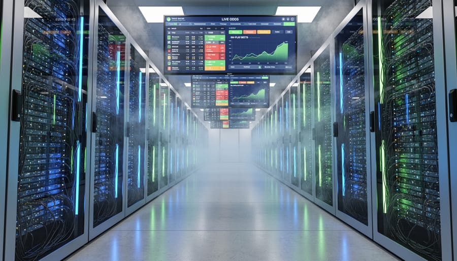Data center server racks with blue LED lighting showing computing infrastructure