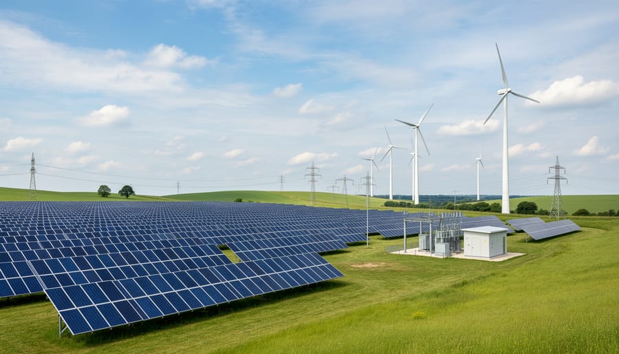Solar panel array with wind turbines and modern building showing renewable energy integration