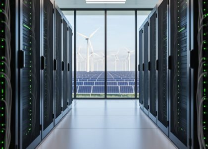 Data center aisle with rows of black server racks and a glass wall overlooking wind turbines and a solar array, illustrating renewable energy powering high-volume digital operations.
