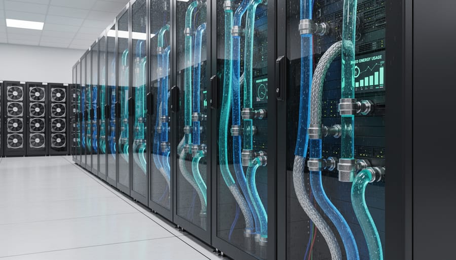 Liquid cooling system components with condensation showing energy-efficient data center technology