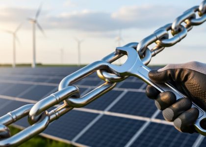 Gloved hand using a precision wrench to adjust a stainless-steel chain link, with blurred solar panels and distant wind turbines at golden hour.