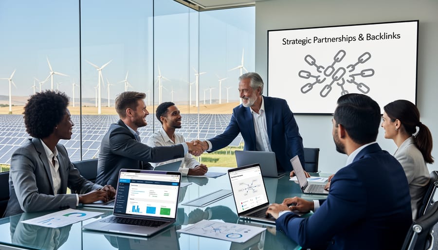 Business team meeting in renewable energy company office discussing digital strategy