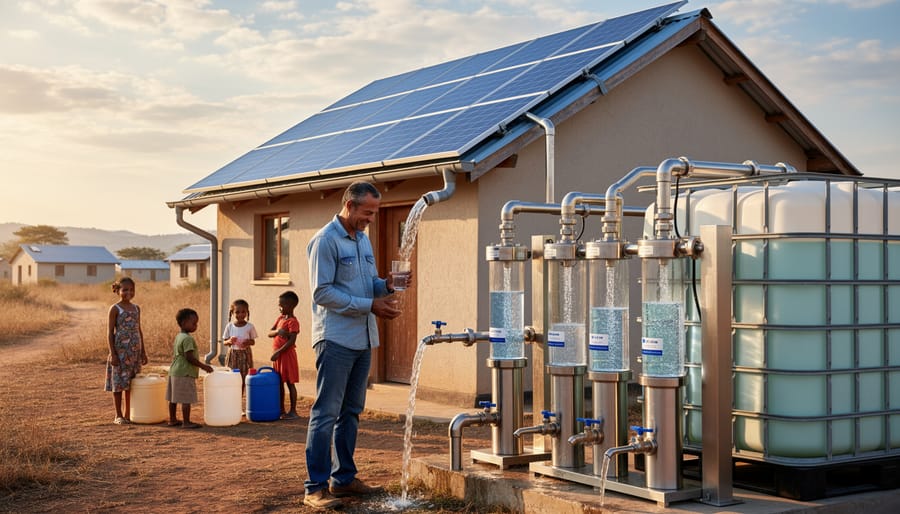 Solar-powered water filtration system connected to rainwater harvesting tank