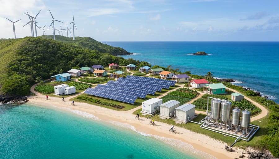 Remote Pacific island community with solar panels and water systems providing off-grid energy and water access