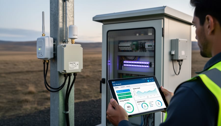Technician monitoring stand-alone system performance using smart tablet and IoT sensors