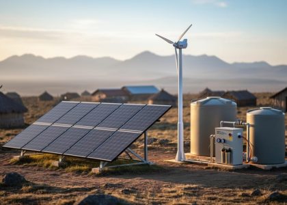 Off-grid solar array, micro wind turbine, and rainwater tanks with filtration unit on a remote plateau at golden hour, with softly blurred village huts and distant mountains in the background