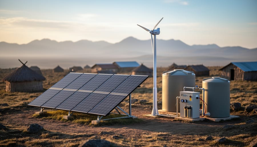 Off-grid solar array, micro wind turbine, and rainwater tanks with filtration unit on a remote plateau at golden hour, with softly blurred village huts and distant mountains in the background