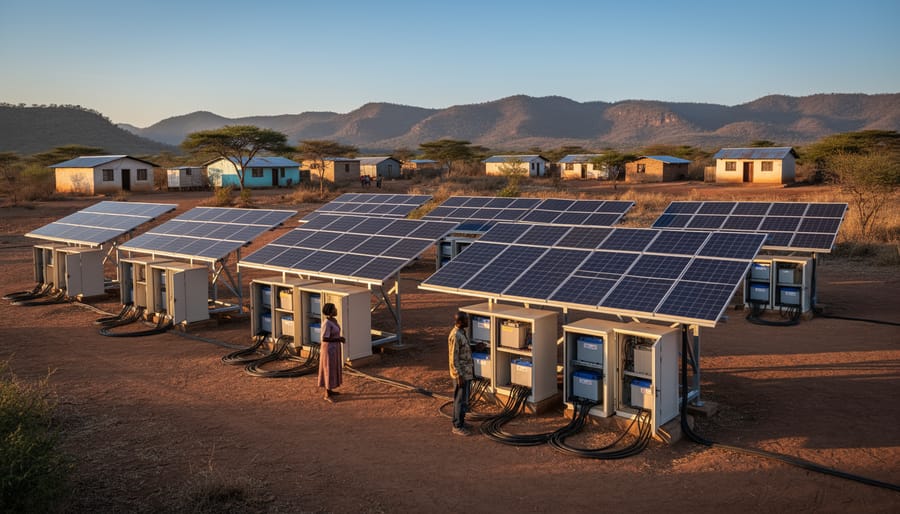 Solar panels and battery storage system installed on rural home rooftop in remote village