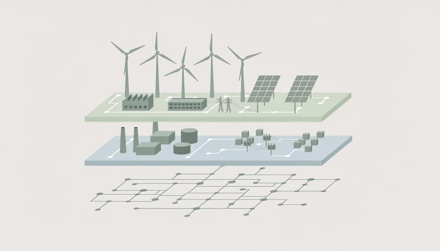 Transmission towers with power lines in the foreground and wind and solar installations in the distance.