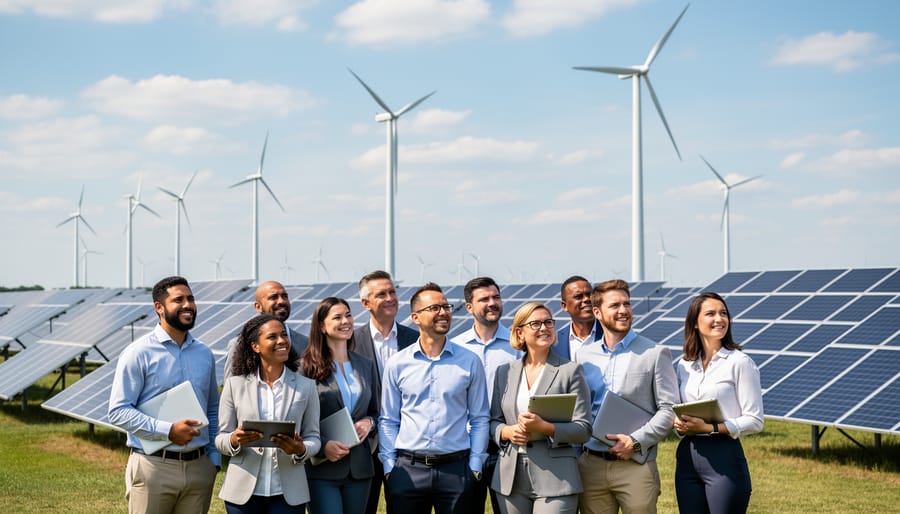 Diverse group of trainees standing outdoors near renewable energy infrastructure and EV charging equipment.