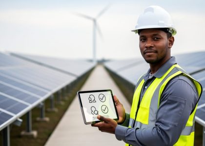 “Renewable energy professional holding a tablet with generic certification icons on a solar farm, with wind turbines in the blurred background.”