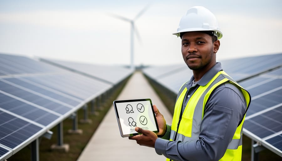 “Renewable energy professional holding a tablet with generic certification icons on a solar farm, with wind turbines in the blurred background.”
