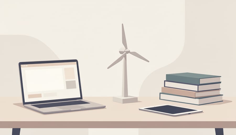 Person’s study desk with a laptop showing a blank learning screen and a small wind turbine model.