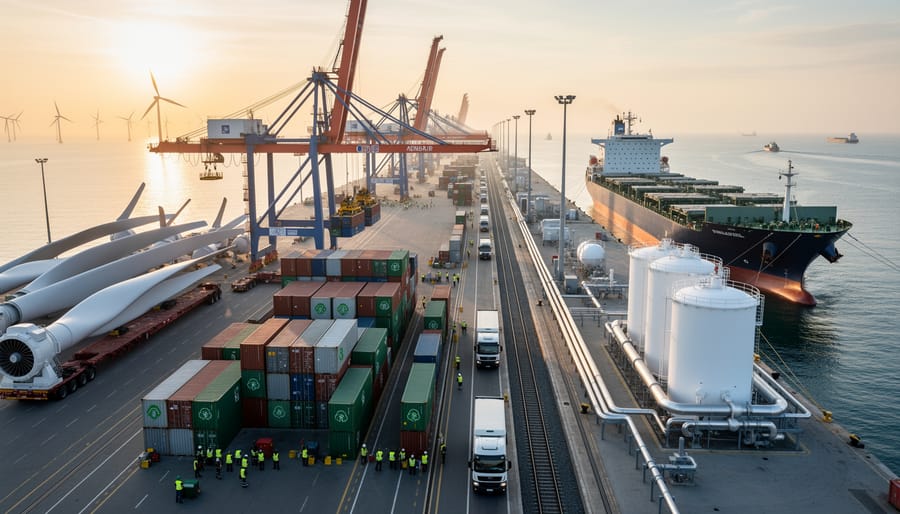 Port cranes and intermodal containers at an industrial dock supporting energy infrastructure logistics.