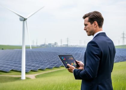 A professional holding a tablet in front of solar panels and a wind turbine, suggesting renewable energy investment infrastructure in 2026.