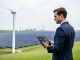 A professional holding a tablet in front of solar panels and a wind turbine, suggesting renewable energy investment infrastructure in 2026.