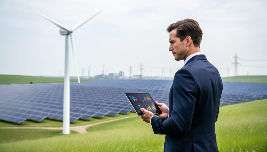 A professional holding a tablet in front of solar panels and a wind turbine, suggesting renewable energy investment infrastructure in 2026.