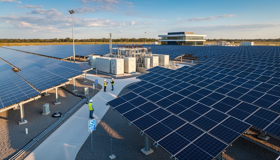 A business professional inspecting solar panels on a rooftop installation site.