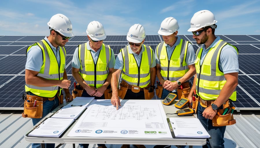 Solar panel installers reviewing documentation beside rooftop solar panels during golden hour.