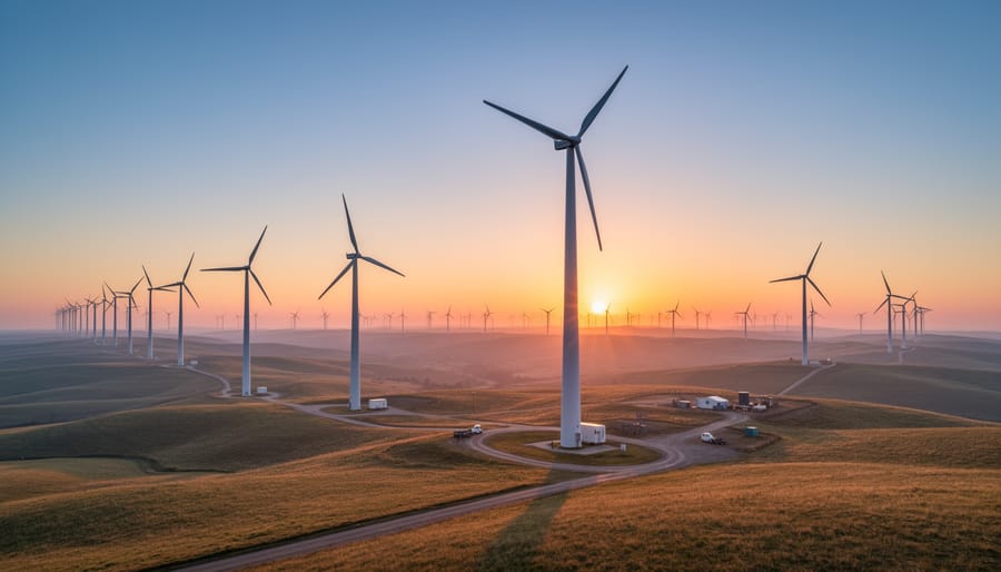 Wind turbines generating power at sunrise in a renewable energy facility.