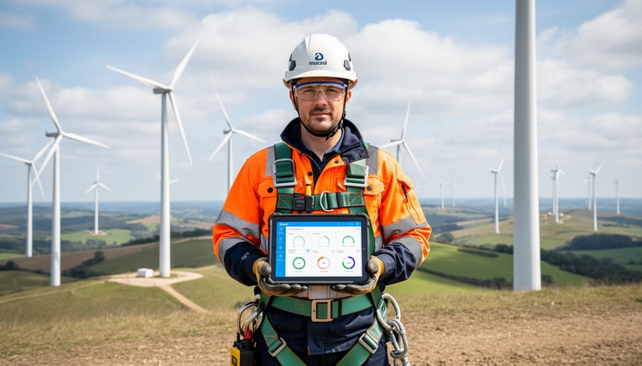 Wind turbine technician in a safety helmet holding a tablet at a wind farm under an overcast sky.