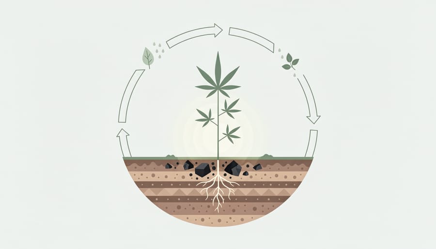 Biochar-rich soil with a hemp seedling sprouting in the foreground