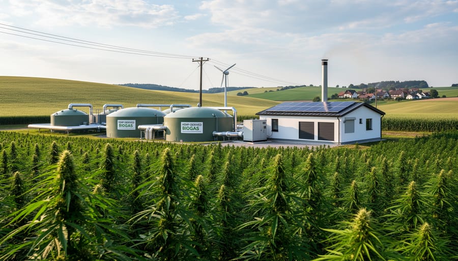 Biogas combined heat and power facility in a rural landscape near hemp fields