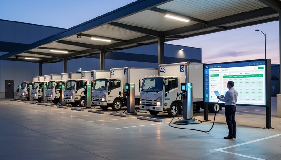 Electric heavy-duty truck charging at an industrial logistics depot