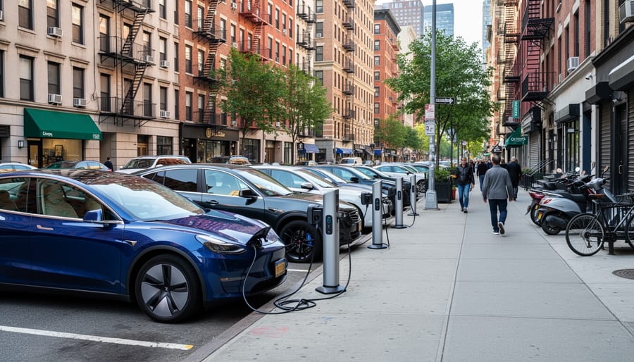 Electric vehicle parked at curb next to an on-street charging unit in a dense city environment