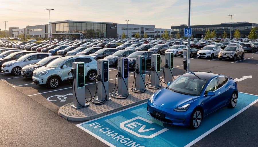 EV charging station at dusk with multiple chargers and parked electric vehicles in the background