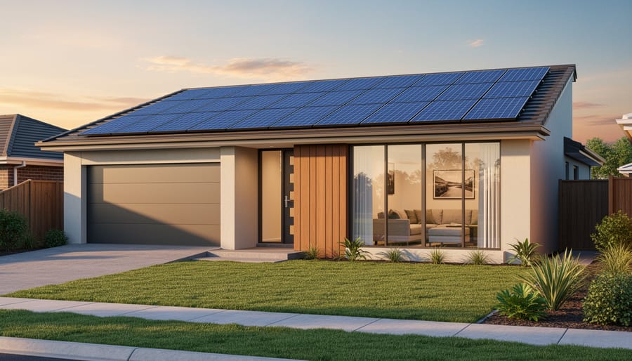 Exterior view of a modern house with rooftop solar panels in daylight