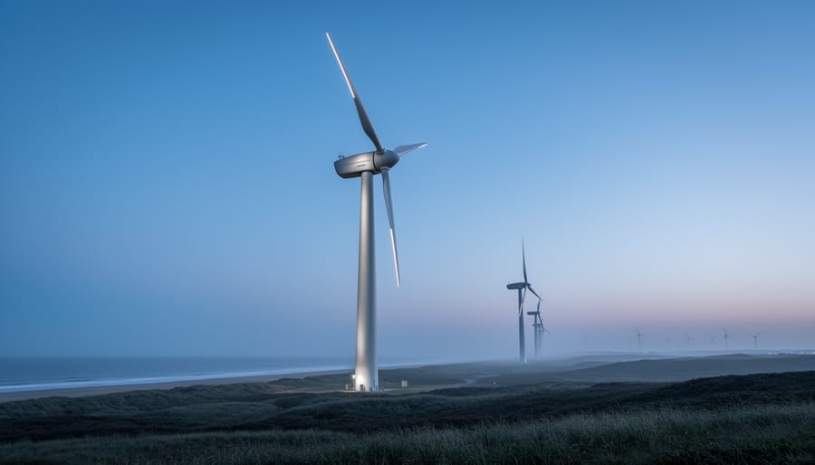 Low-angle view of a four-blade wind turbine in a wind farm at dusk under a blue-gray sky.