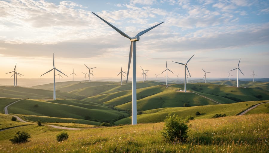 Four-blade wind turbines in a modern wind farm under an overcast sky