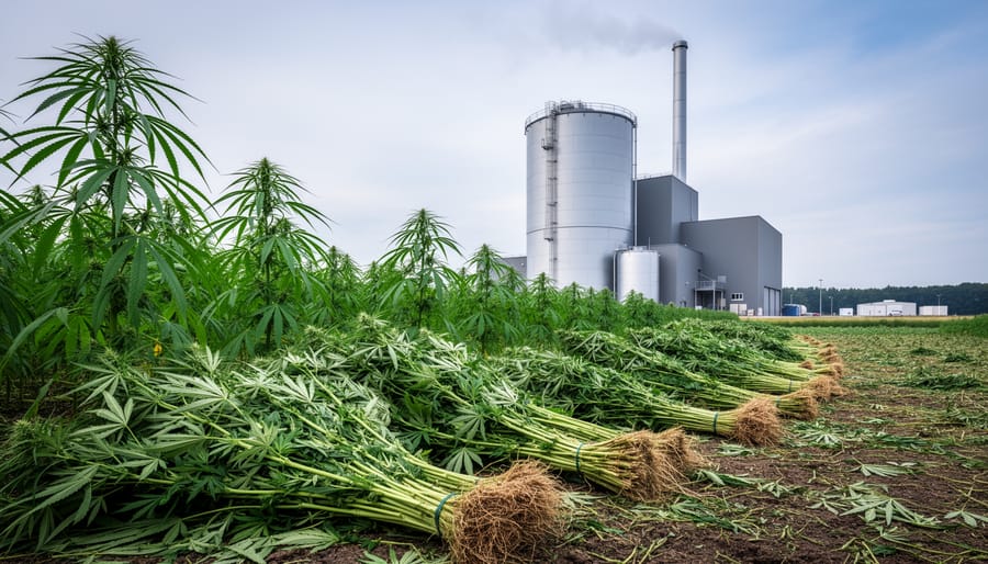 Harvested hemp stalks in a field with a modern renewable biomass energy facility, including cylindrical tanks and a smokestack, visible in the background.