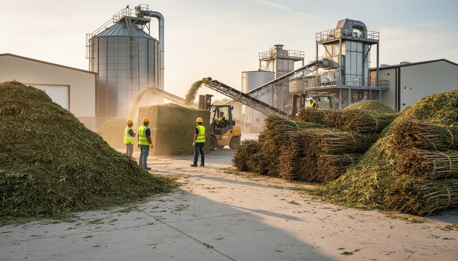 Hemp biomass loaded into a metal hopper inside a modern biorefinery facility