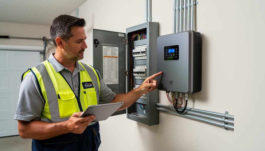 Homeowner and professional inspecting a residential solar battery storage unit