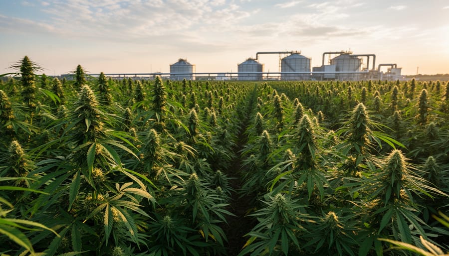 Industrial hemp plants growing in a rural field with dense green stalks and seed heads