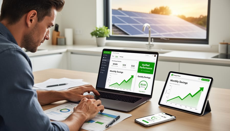 Person holding a smartphone near rooftop solar panels while monitoring home energy