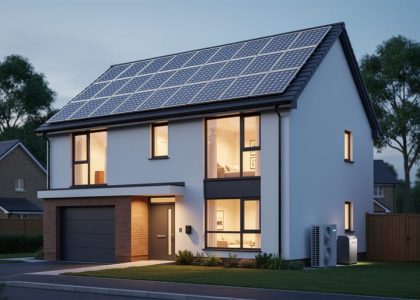 Modern home exterior with solar panels and a visible heat pump unit, photographed at dusk with warm interior light.