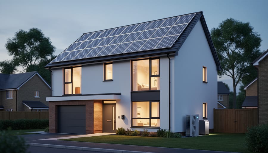 Modern home exterior with solar panels and a visible heat pump unit, photographed at dusk with warm interior light.