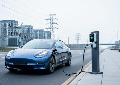 Electric vehicle charging at a roadside pedestal with nearby electrical substation and overhead power lines suggesting the grid infrastructure behind charging capacity.