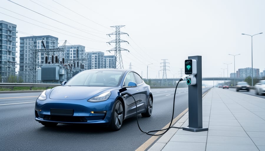 Electric vehicle charging at a roadside pedestal with nearby electrical substation and overhead power lines suggesting the grid infrastructure behind charging capacity.