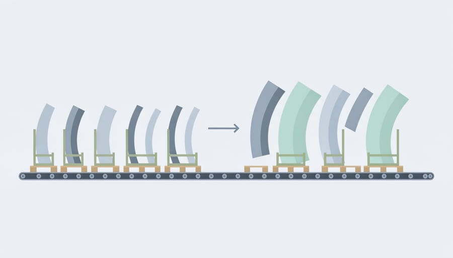 Wind turbine blade segments staged in an industrial warehouse for transport and handling