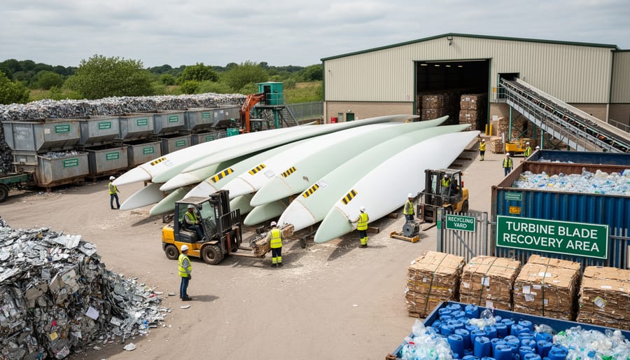 Wind turbine blades near recycling equipment in an industrial facility yard